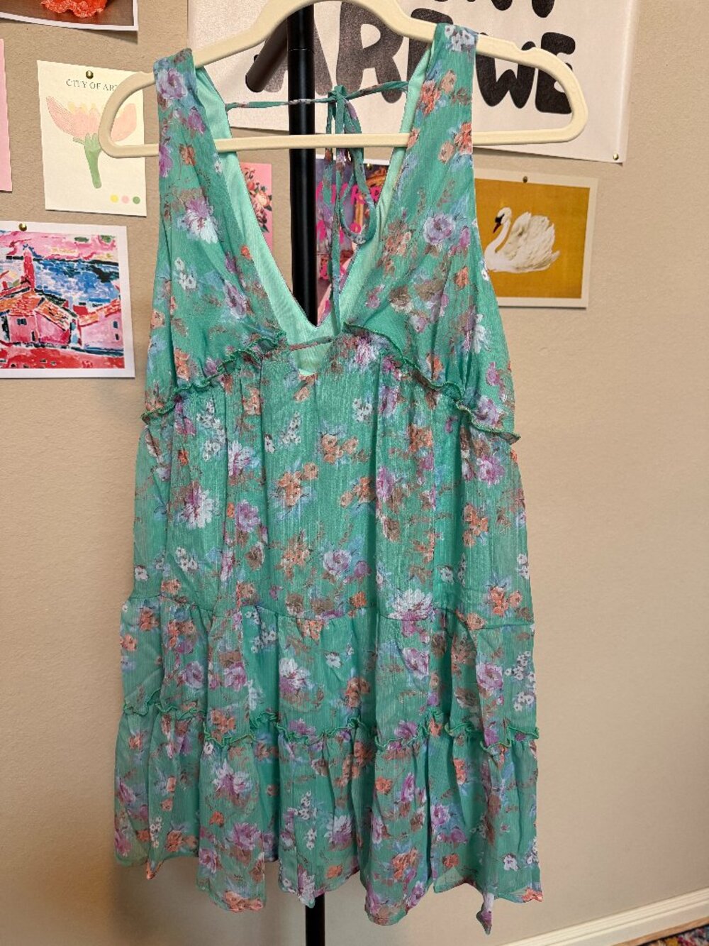 NWOT Peach Love California Floral Tiered Chiffon Mini Dress Mint Green Size SM